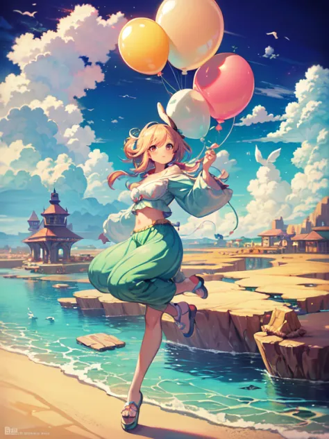 A surreal landscape where balloon animals come to life, roaming a fantasy world made of clouds and rainbows, including a floatin...
