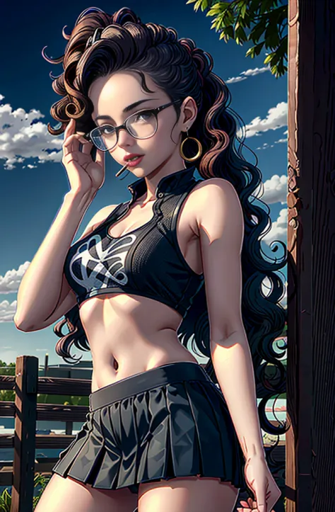 a cute female character wearing a short crop top and a skin tight skirt , curly wavy hair with a high pony tail, glasses on the ...