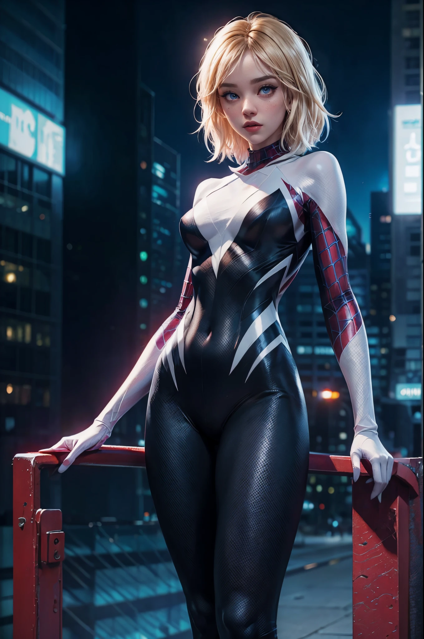 The prompt for the Stable Diffusion is as follows:

Spider-Gwen,illustration,sexy pose,highres,detailed costume and musculature,grapefruit-sized breasts,perfectly shaped buttocks,vibrant colors,facial expressions that exude confidence and allure,spiderweb pattern on the costume,dynamic lighting,sharp focus,anime style,glowing eyes,attractive hips,slender waist,tall and fit build+long legs.