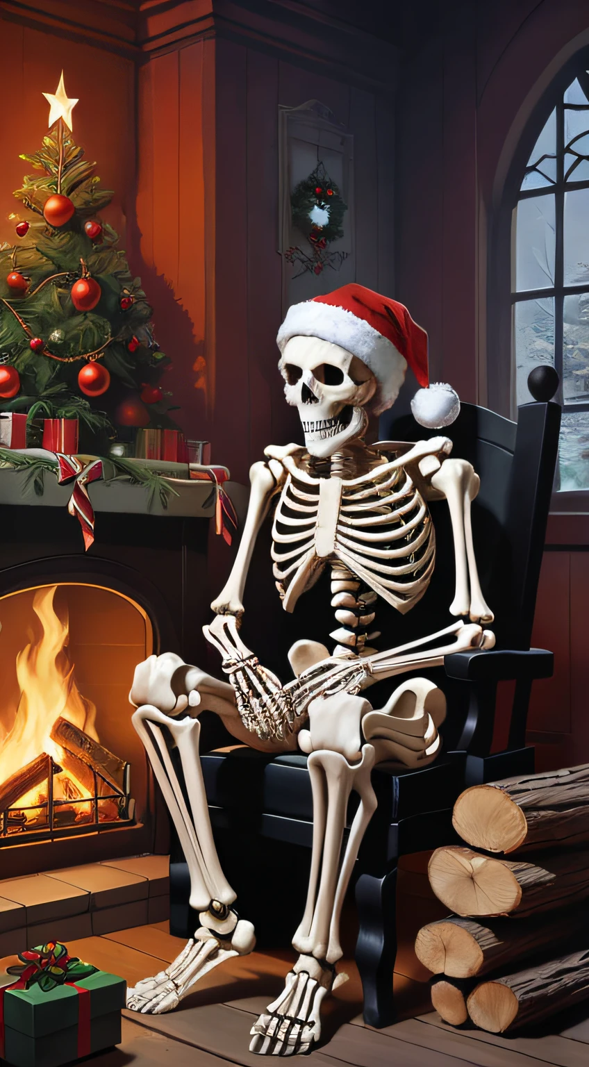 (masterpiece, best quality, realistic), skeleton body, Santa Claus sat next to a log fire, Christmas decorations and a Christmas tree, Bastien L. Deharme, highly detailed digital painting, gothic art, UHD, 8k