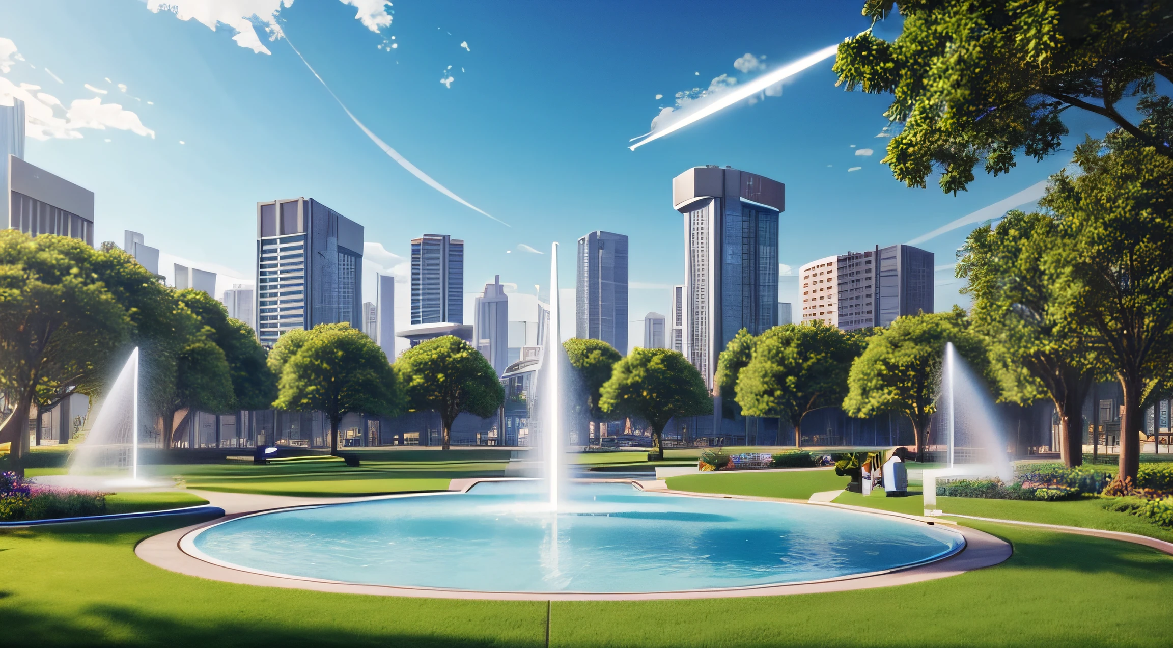 a ساطع park in a futuristic utopian city, مع الرشاشات, ساطع, ينظف, واقعية