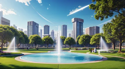 a bright park in a futuristic utopian city, with sprinklers, bright, clean, photorealistic