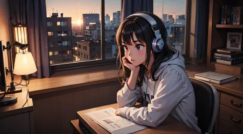 Young girl, sentada en su escritorio, usando auriculares de jugador, in her bedroom, Hacer los deberes, junto a una ventana, dim...