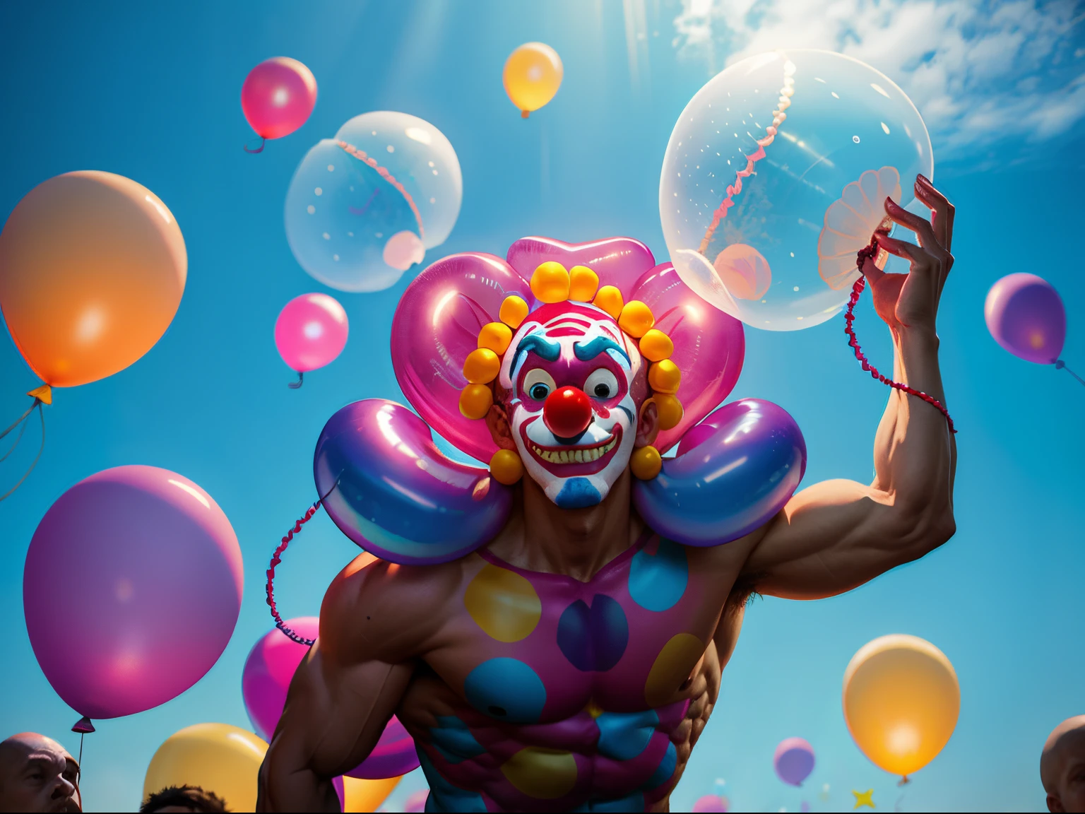 A sea of balloon jellyfish made by a muscular clown