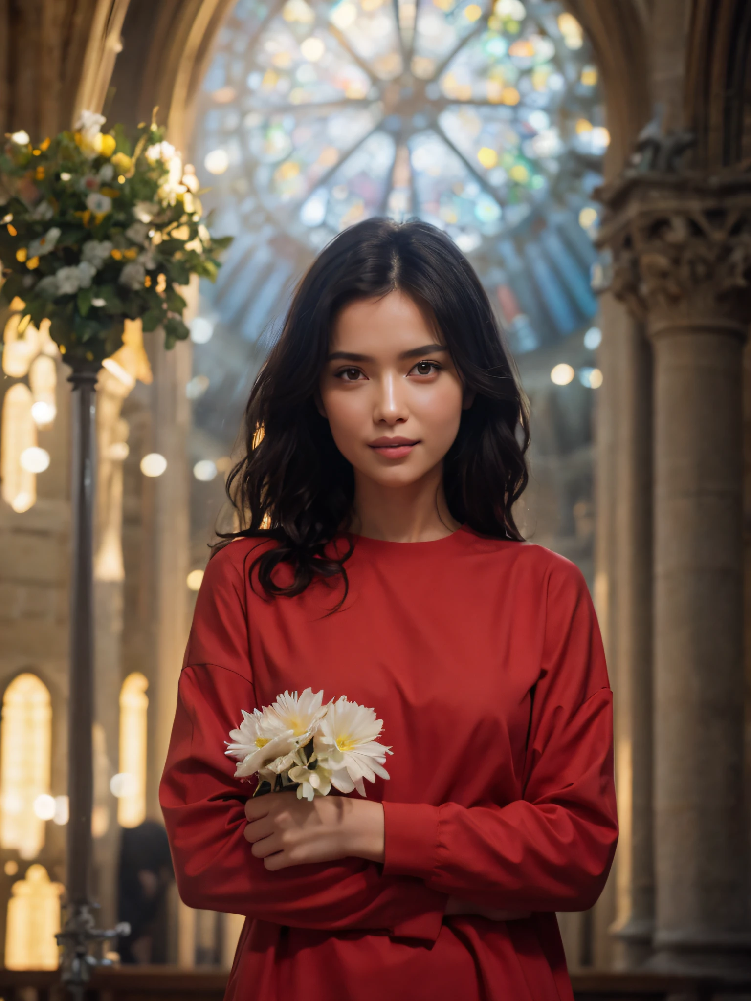 (wear a smile, flower, white background, grin, shirt, looking at viewer, simple background, bouquet, upper body, red shirt:1.3), a (selfie:1.2) of a pretty (young:1.5) 1girl, (teenage:1.5), Skin luster, Rembrandt lighting, (CMYK hair,  wavy hair:1.36), expressionless photograph for passports, ID cards, (close to viewer, POV:1.1), small breasts, from above, dynamic light, day light, sunshine,  (freckles:0.2), (dark mole:0.2), (skin spots, acnes, skin blemishes, age spot, lanugo:0.2), (in the Notre Dame Cathedral:1.3) NaturalHand2-3500
cinematic angle, (cinematic_light, cinematic_shadows, bokeh, depth of field:1.2),, natural skin texture, hyperrealism, hdr, hyperdetailed, RAW photo, photorealistic, best quality, highres, realistic, 8k, caustics, dynamic light, beautiful and delicate lips, delicate fingers, detailed pupil, real human skin,