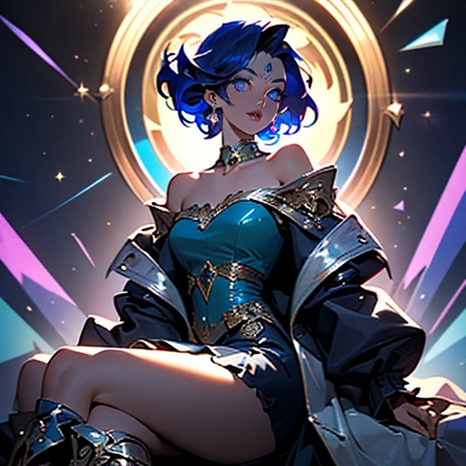 (obra maestra, mejor calidad, ultra detallado, alta resolución, enfoque nítido :1.5) (tiro medio al cuerpo, anatomía perfecta, niji, Gacha Splash Art :1.4) (solo, buena composicion, Retrato, Texturas detalladas, renderizado de alta calidad) (pose dinámica, secuencia de imágenes de algo ó alguien en movimiento, :1.2), Iluminación perfecta, trazado de rayos, diffuse dark Noche lighting, Iluminación cálida direccional desde abajo, Sombras púrpuras, estética brillante ((calabozos y Dragones, fantasía, castlevania, Noche, atmosférico, misterioso, Oculto, By alphonse mucha)) (1 chica, Mujer hermosa, Adulto), pecho cubierto, caderas refinadas (proporciones realistas, orejas cortas y puntiagudas, :1.3) (color de pelo azul marino oscuro, flequillo partido escondido detrás de las orejas puntiagudas, cabello con raya media :1.4), Capas que enmarcan la cara (corte de pelo hasta los hombros, pelo liso, corto y grueso :1.3) (frente abierta, frente desnuda :1.5), color de piel de porcelana pálida, sonrisa, relajarse, travieso, amable (arrogant :0.9) Elegant, sentado en la azotea, caderas ocultas, Piernas cerradas, (1 personal, sosteniendo un bastón plateado largo y recto en la mano, el pomo del bastón es un anillo en forma de sol con un anillo dorado flotante en su interior), ropa hinchada revoloteando por el viento, tela mate suave, (El vestido negro de lolita:1.5)((vestido victoriano hinchado sin tirantes con volantes, cascadas de grandes volantes en el dobladillo del vestido, vestido negro de longitud media con corte horizontal)), gargantilla negra, clavículas desnudas, ((chaqueta pirata deslizada fuera del hombro, chaqueta victoriana larga, chaqueta detrás de la espalda, chaqueta morada de varios colores, cuello de chaqueta alzado )) ((Botas de rodilla moradas)) Riñonera de alquimista detallada, (medieval fantasía city on the background, academia de magia), blue Noche sky, pequeña luna azul, (En el fondo, detrás de la espalda, muchos anillos metálicos giran alrededor de un centro.) Libros y pergaminos flotantes, gesto, pases magicos (utiliza la magia del caleidoscopio holográfico), Aura mágica de cristal holográfico fantasmal con llamaradas azul-naranja, fragmentos de vidrio holográfico brillan en el fondo (aventurero, genio, sabio alquimista), detalles en plata y latón, tarot, SilverSapphireAI