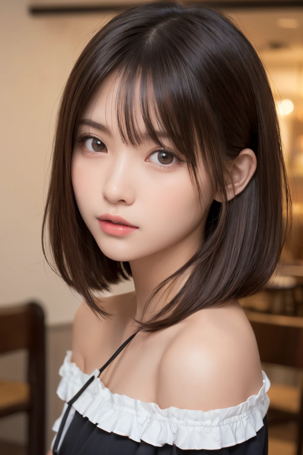 one girl, (a beauty girl, delicate girl:1.3), (:1.3),
break, (moe maid, off-shoulder:1.3),
break, very fine eye definition, (symmetrical eyes:1.3),
break, (cafe:1.3), 
break, small breasts, brown eyes, parted bangs, brown hair, petite girl,
break, (eyes and faces with detailed:1.0),
break, (masterpiece, best quality, ultra detailed, detailed face, 8k)