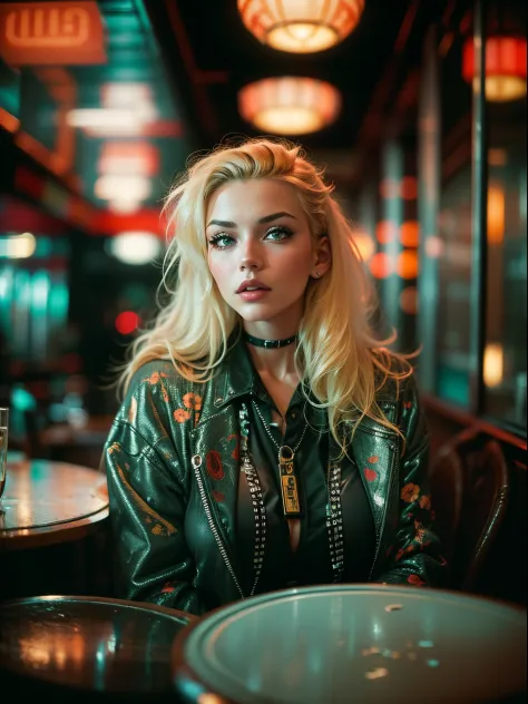 analogue photo of young blonde woman with cyberpunk hair, (((big boobs))) in a 1950 japanese restaurant, green and red neon ligh...