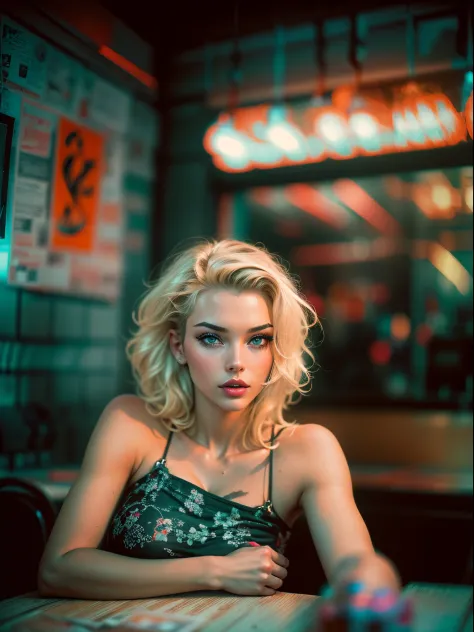 analogue photo of young blonde woman with cyberpunk hair, (((big boobs))) in a 1950 japanese restaurant, green and red neon ligh...
