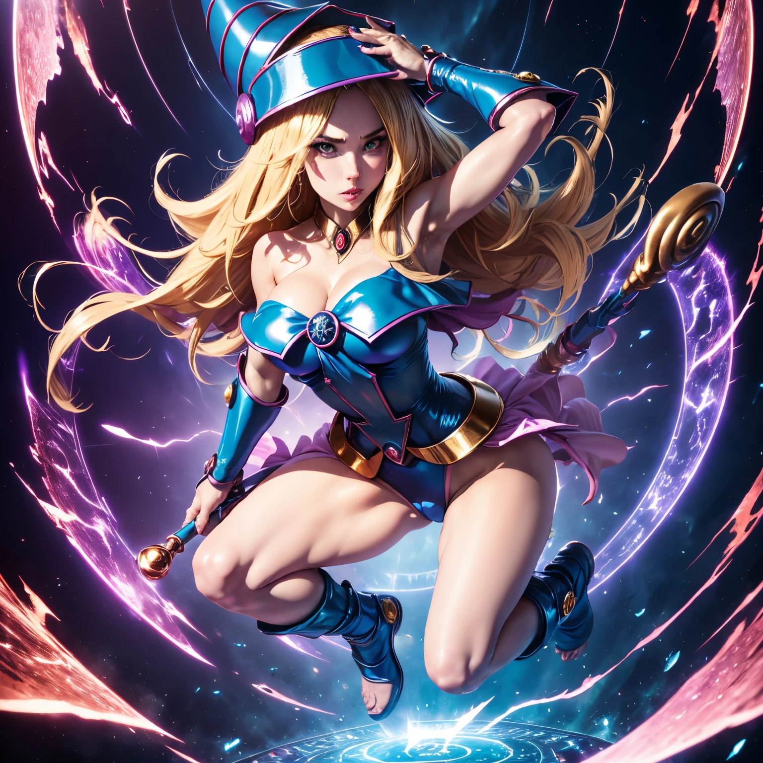 ultra-detailed, extremely detailed, masterpiece, highest quality, best quality, absurdres, highres, dark magician girl, (1girl:1.2), solo, detailed face, dynamic pose, hair flow, (full body:1.1),  blonde hair, long hair, looking at viewer, green eyes, skindentation, detailed skin, skin pores, (shiny skin, glossy skin:1.1), rosy skin details, breasts, nail polish, skirt, blue footwear, blue headwear, wizard hat, wand, holding hat, (blue panties:0.9), (summoning circle:1.1), hexagram, pentacle, pentagram, yu-gi-oh!, duel monster, purple magic field, glow, detailed background, intricate background,