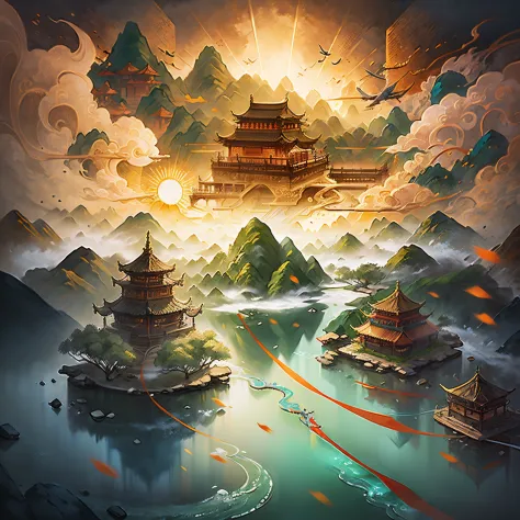 Chinese wind mountains, rivers, Auspicious clouds, Pavilions, rays of sunshine, tmasterpiece, super detailing, Epic composition, Ultra HD, high high quality, ultra - detailed, offcial art, 统一 8k 壁纸, super detailing, 32K