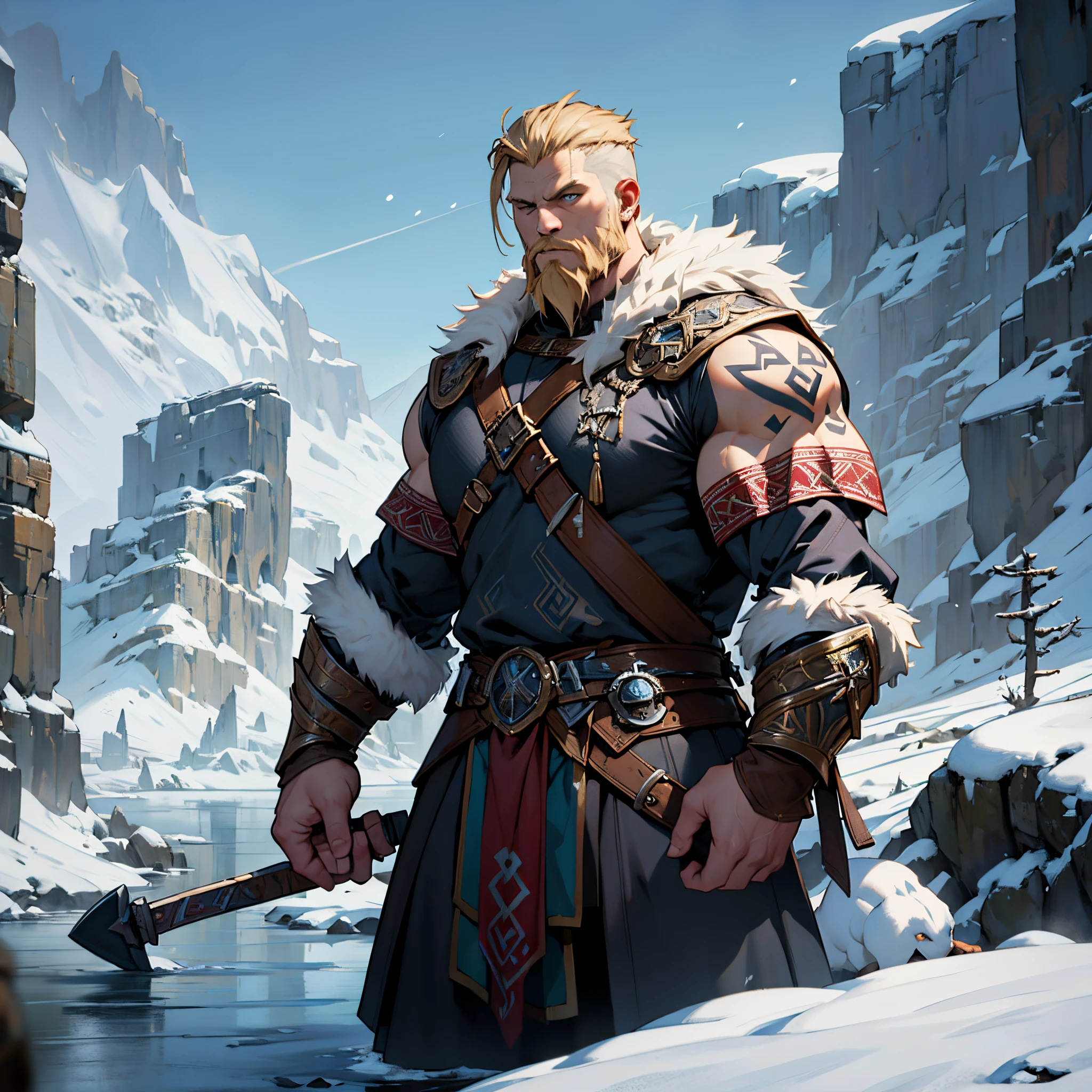 ​masterpiece, Best Quality, detailed, Cinematics, 4k, Background with:Viking buildings built on snowy fjord cliffs, Viking warrior wearing armor and fur coat with rune tattoos