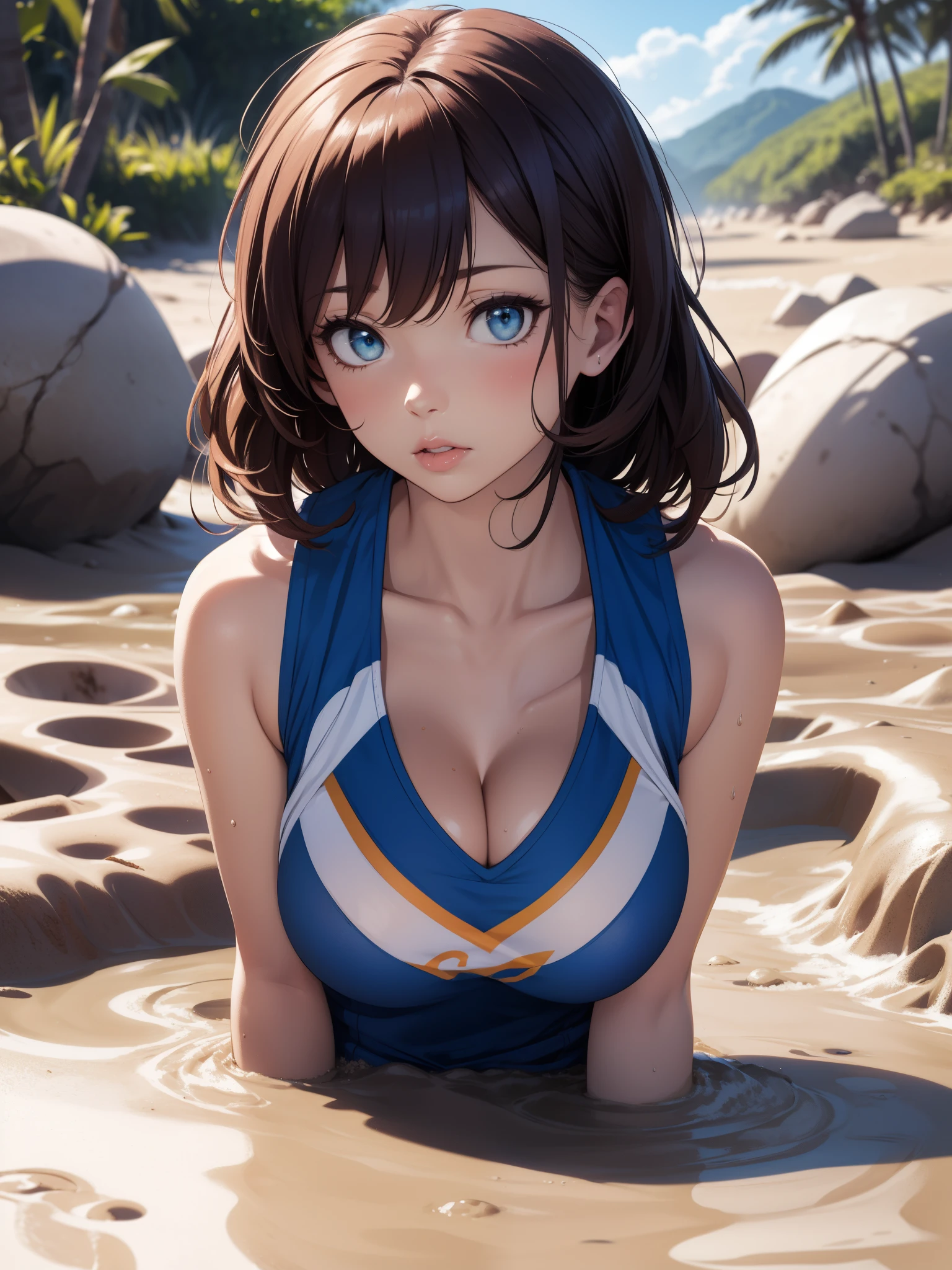 masterpiece, best quality, highres, (5girls), light makeup, glossy lips, highly detailed, illustration, aichan, oumae kumiko, beach, (cheerleader), cleavage, lips parted, sleeveless, large breasts, (multiple girls), blue eyes, (quicksand:1.3), (scared)