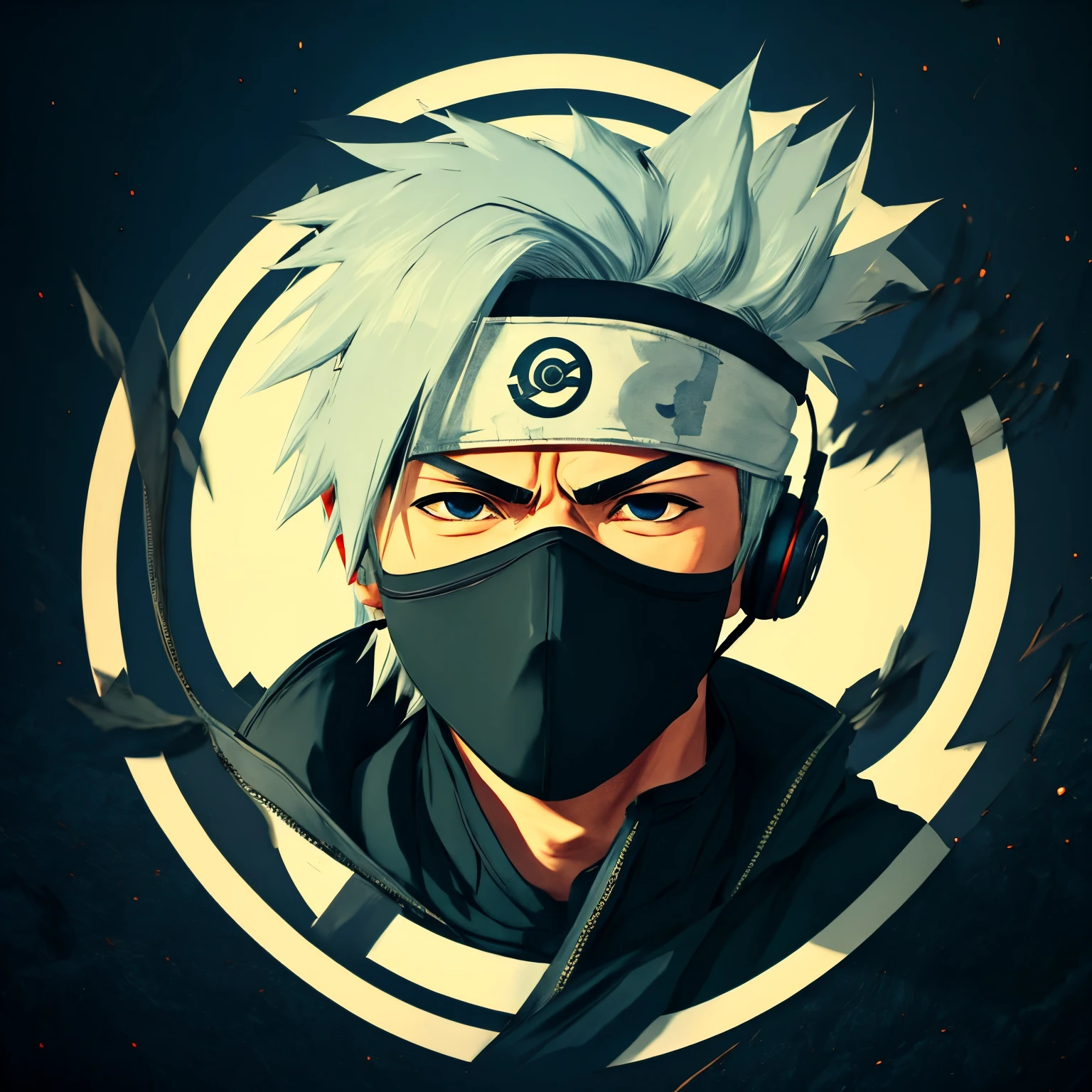 2D, kakashi face close up wearing headphone, circle logo, circle frame ...