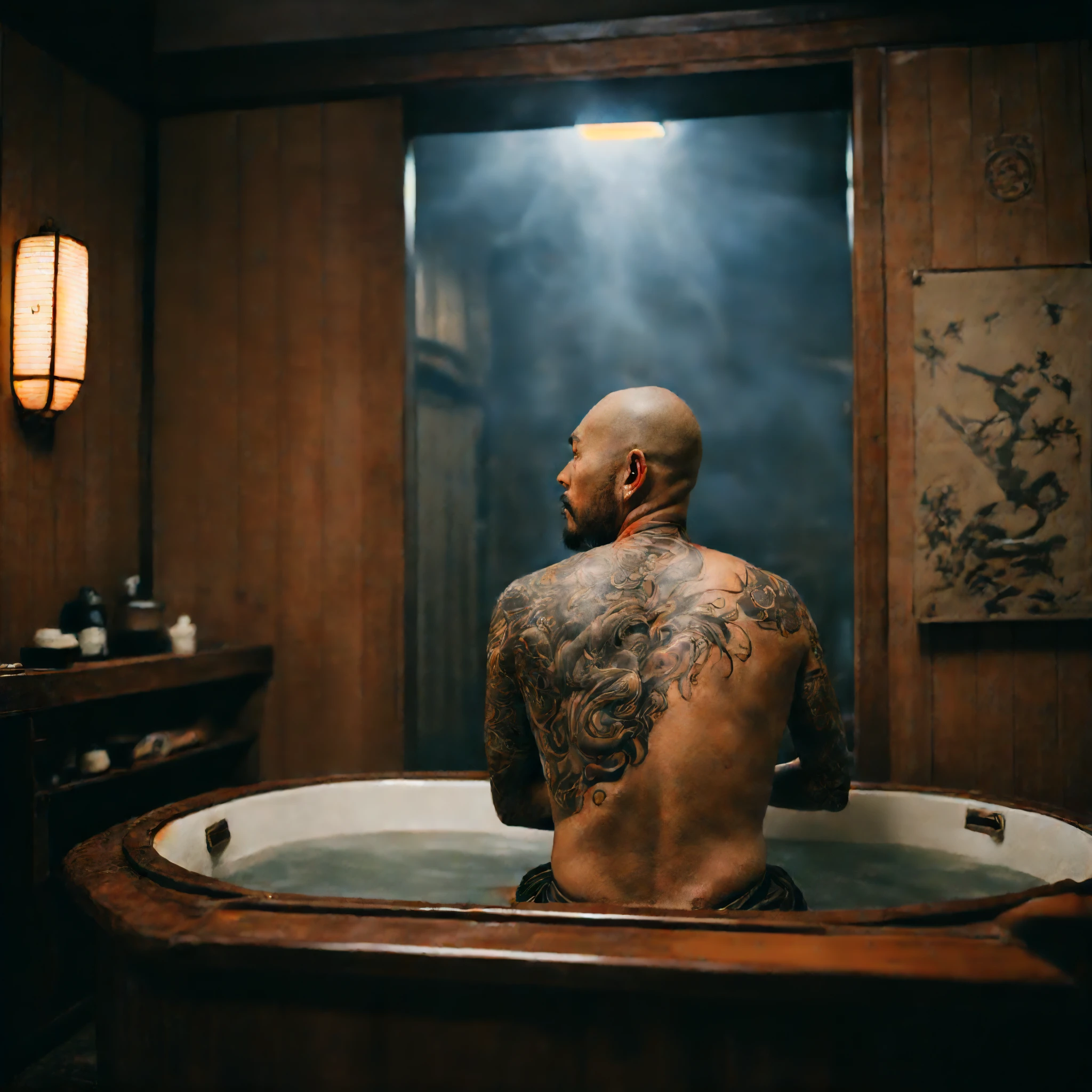 A man with tattoos sitting in a bathtub in a bathroom - SeaArt AI