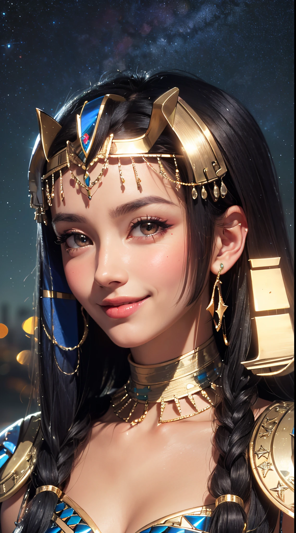 (UHD, retina, masterpiece, ccurate, anatomically correct, textured skin, super detail, high details, high quality, best quality, highres, 1080P, HD, 4K, 8k, 16k), (beautiful detailed eyes, beautiful detailed lips, extremely detailed eyes and face), studio lighting, physically-based rendering, vivid colors, (big tits, super big tits, super extra big tits, glamorous body), (thief:1.5), (portrait, blonde hair, shiny hair, shiny skin), (starry sky, bokeh:1.5), (tilt your head to the side:1.5), eye reflection, (blush, smile, tanned skin, cleopatra:1.5),