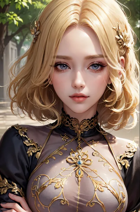 (masutepiece:1.2), (Best Quality:1.2), Perfect eyes, Perfect face, Perfect Lighting, 1girl in, Mature woman in the field, medium blonde hair, Curly hair, detailed  clothes, Detailed outdoor background, makeup, eyeshadows, thick eyelashes, Fantasy, Looking ...