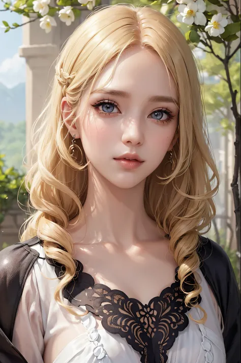 (masutepiece:1.2), (Best Quality:1.2), Perfect eyes, Perfect face, Perfect Lighting, 1girl in, Mature woman in the field, medium blonde hair, Curly hair, detailed  clothes, Detailed outdoor background, makeup, eyeshadows, thick eyelashes, Fantasy, Looking ...