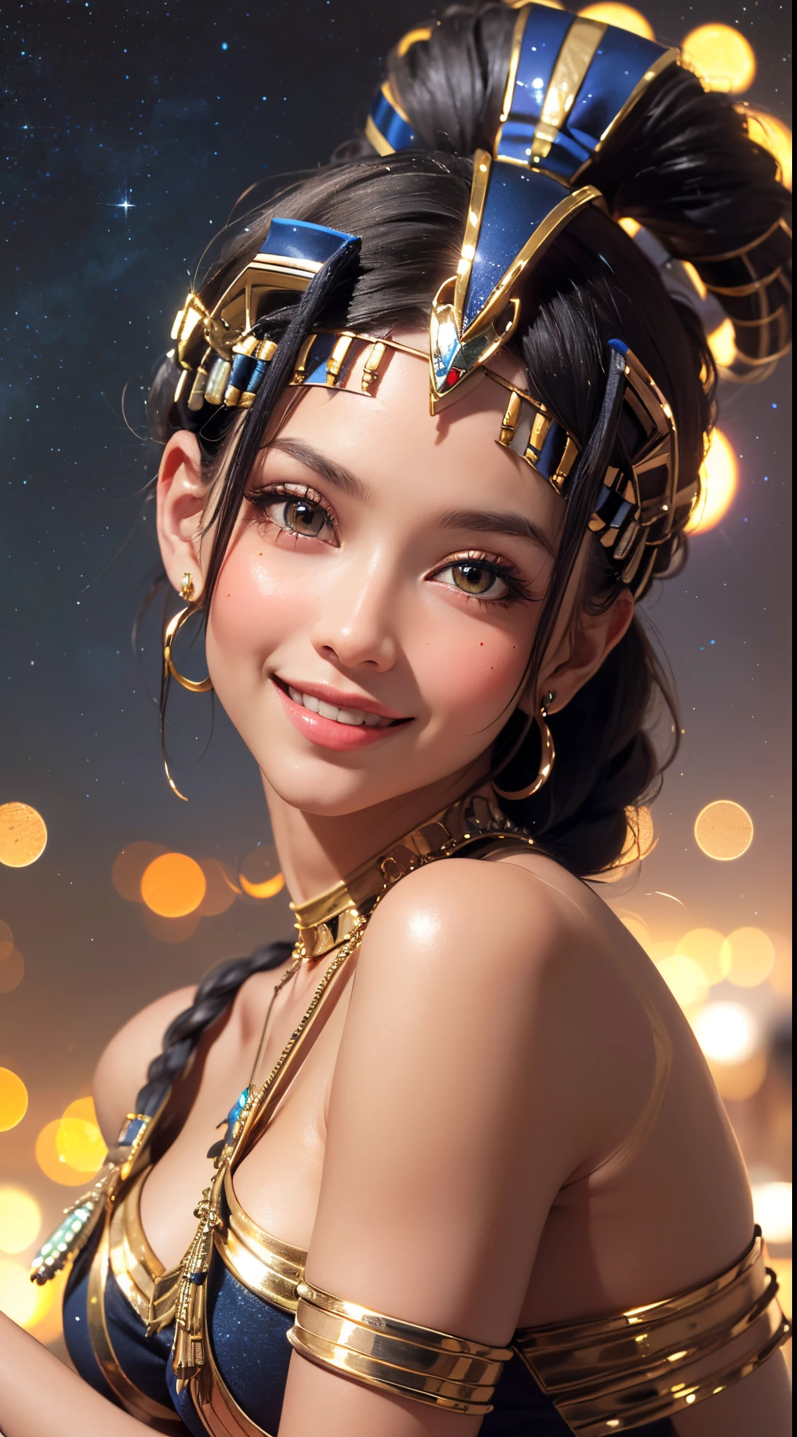 (UHD, retina, masterpiece, ccurate, anatomically correct, textured skin, super detail, high details, high quality, best quality, highres, 1080P, HD, 4K, 8k, 16k), (beautiful detailed eyes, beautiful detailed lips, extremely detailed eyes and face), studio lighting, physically-based rendering, vivid colors, (big tits, super big tits, super extra big tits, glamorous body), (waist:1.5), (portrait, blonde hair, shiny hair, shiny skin), (starry sky, bokeh:1.5), (tilt your head to the side:1.5), eye reflection, (blush, smile, tanned skin, cleopatra:1.5),