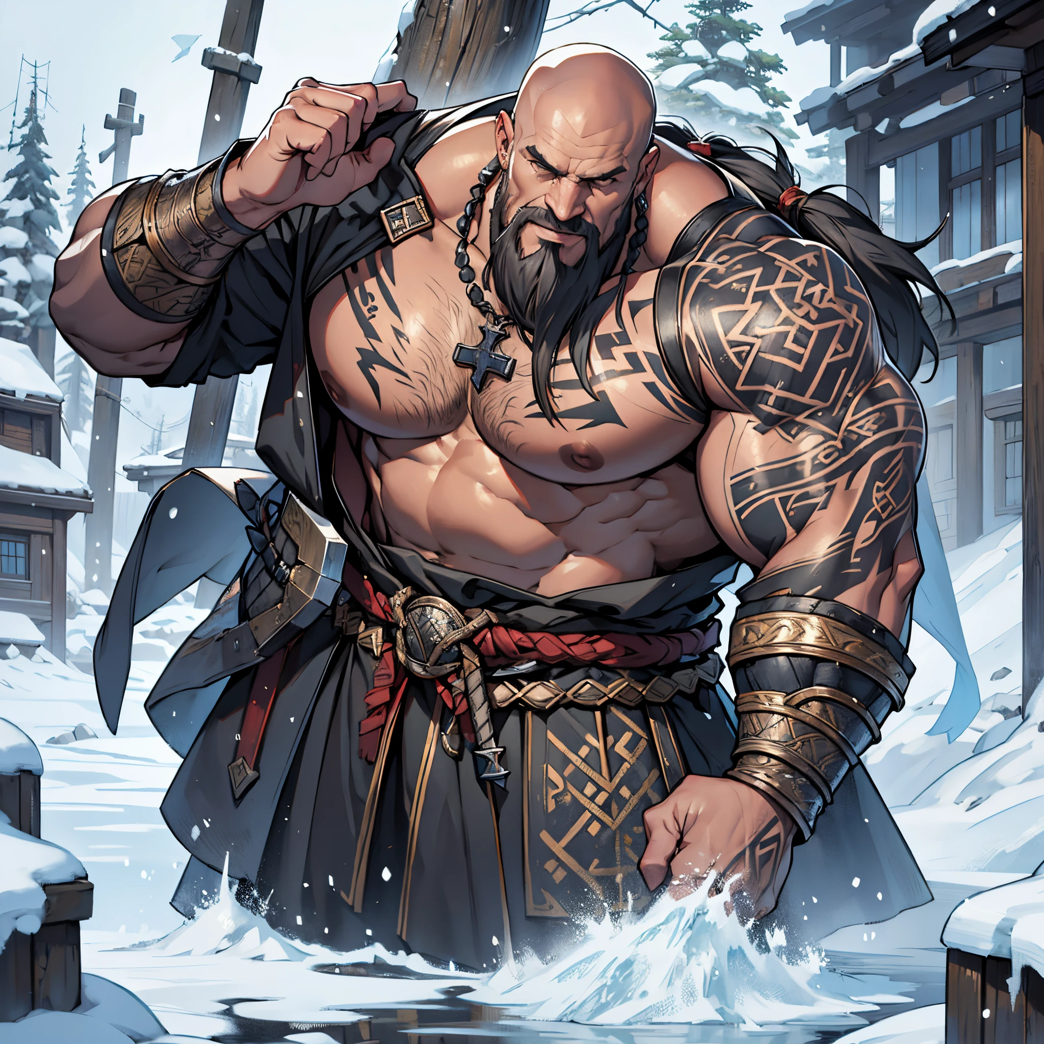​masterpiece, Best Quality, detailed, Cinematics, 4k, Background with:Viking buildings built on snowy fjord cliffs, Viking warrior wearing armor and fur coat with rune tattoos