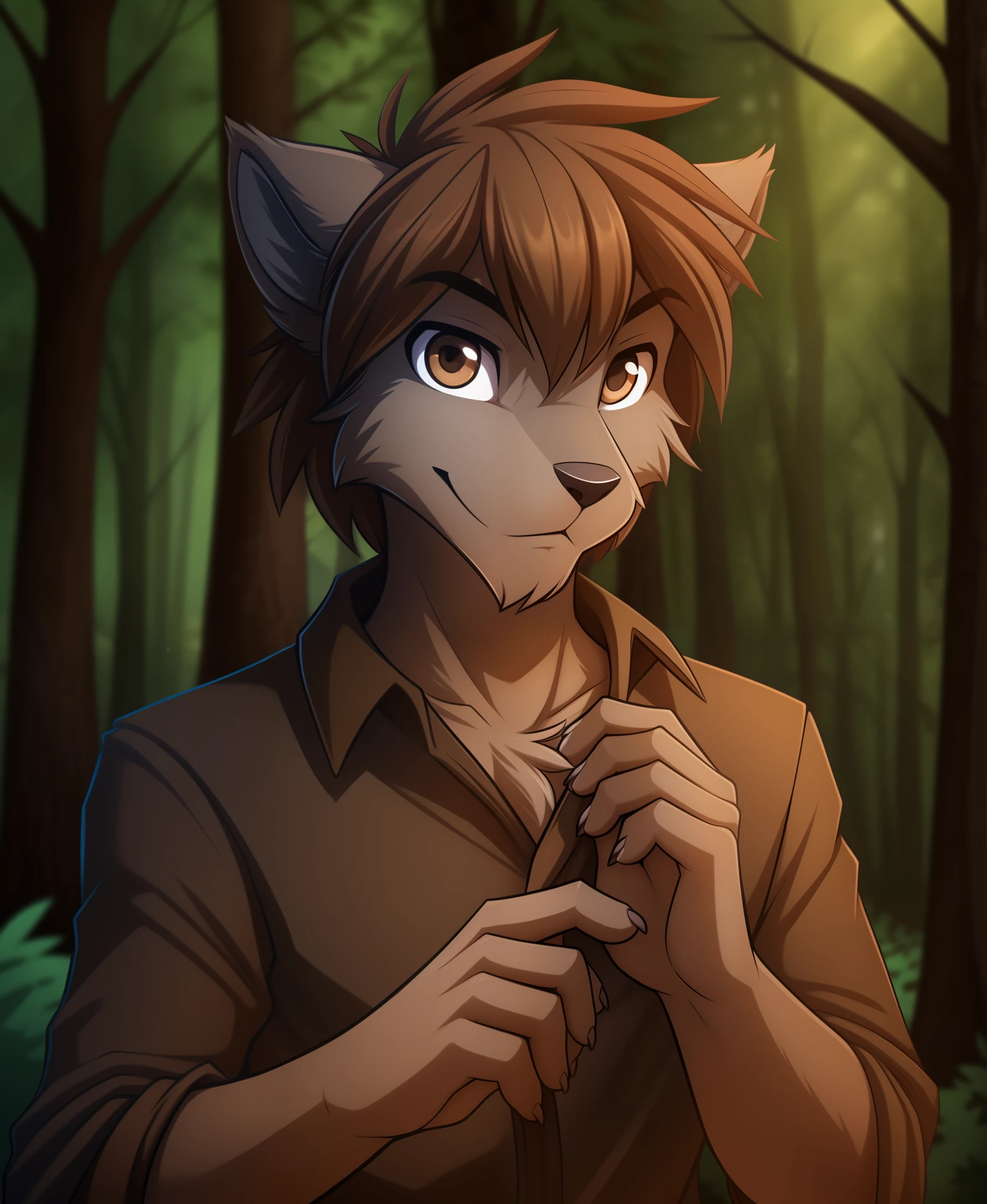 zen-twokinds, twokinds, by tom_fischbach,, (best quality, masterpiece:1), solo, furry male anthro, brown eyes, medium hair, fingers, finger claws, looking at viewer, wolf tail (outdoors dark forest trees blurry blurred background:1.1),