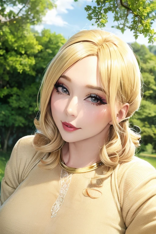 (masutepiece:1.2), (Best Quality:1.2), Perfect eyes, Perfect face, Perfect Lighting, 1girl in, Mature woman in the field, medium blonde hair, Curly hair, detailed  clothes, Detailed outdoor background, makeup, eyeshadows, thick eyelashes, Fantasy, Looking at the viewer, spring