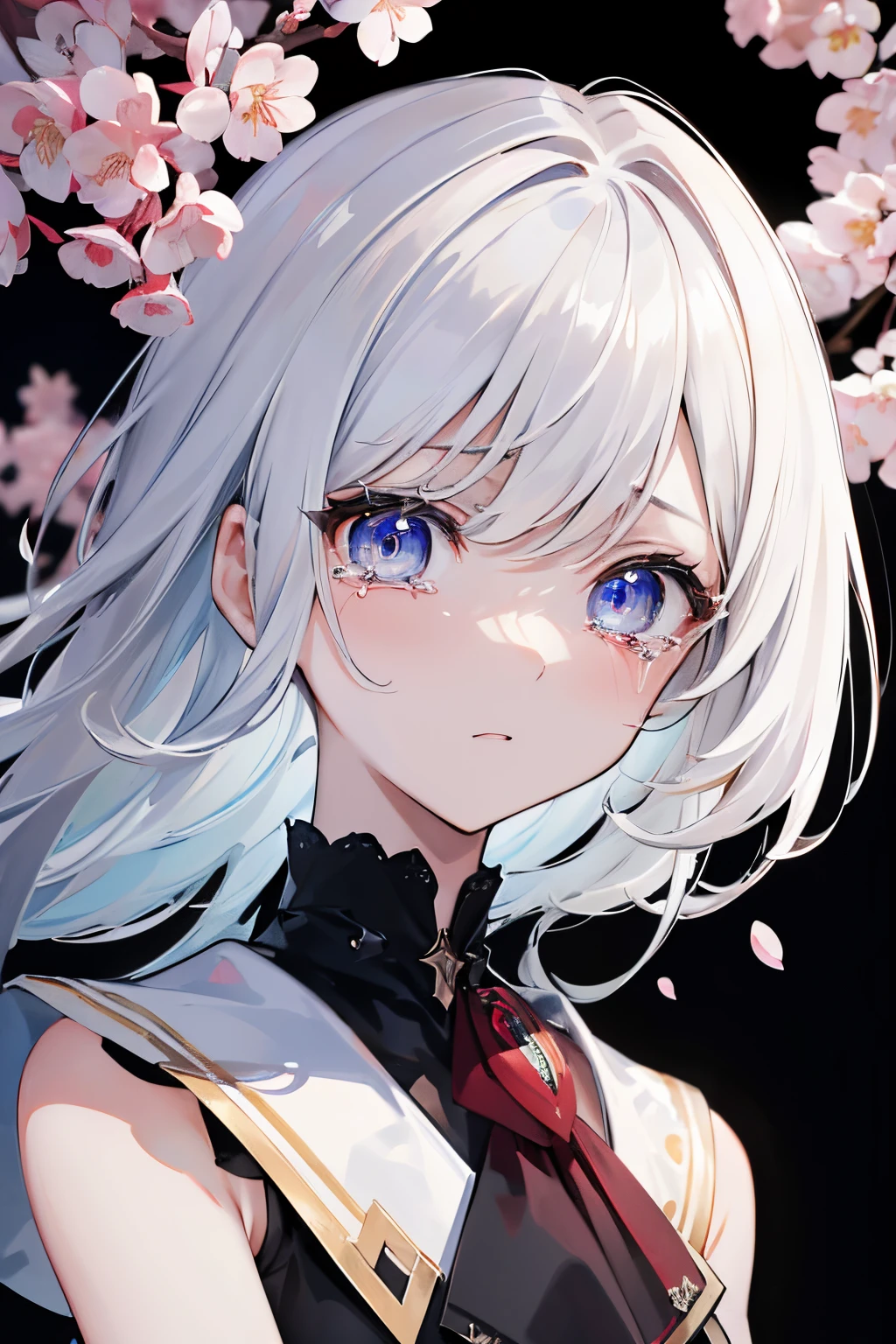 (masterpiece), best quality, perfect face, Houshou Marine, looking at viewer, suprised expression, white hair, expressive pale blue eyes:0.7, (depth perception:0.7, subject focus), (black background, cherry blossoms in the wind), ((torso:0.7)), 8k, (highres), ((wide shot:0.9)), mascara:0.7, ((glowing eyes)), (((black background)), ((crying)), looking at viewer