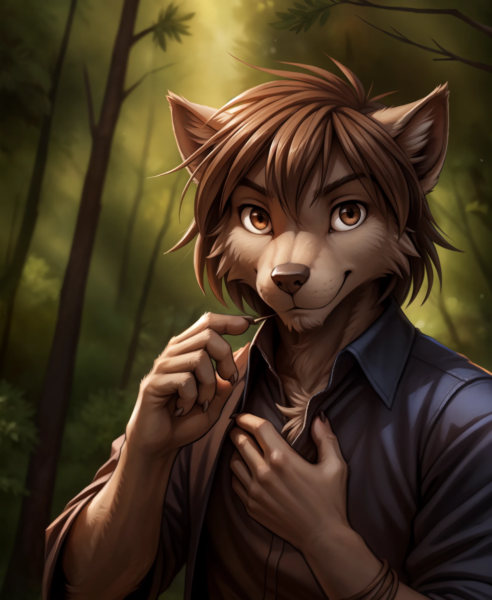 by kenket, by totesfleisch8, (by thebigslick, by silverfox5213:0.8), (by syuro:0.2),, zen-twokinds, twokinds, by tom_fischbach,, (best quality, masterpiece:1), solo, furry male anthro, brown eyes, medium hair, fingers, finger claws, looking at viewer, wolf tail (outdoors dark forest trees blurry blurred background:1.1),