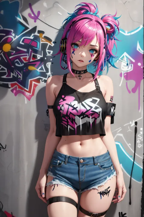 masterpiece, best quality, 1girl, solo, crop top, denim shorts, choker, (graffiti:1.5), paint splatter, arms behind back, against wall, looking at viewer, armband, thigh strap, paint on body, head tilt, bored, multicolored hair, aqua eyes, headset,