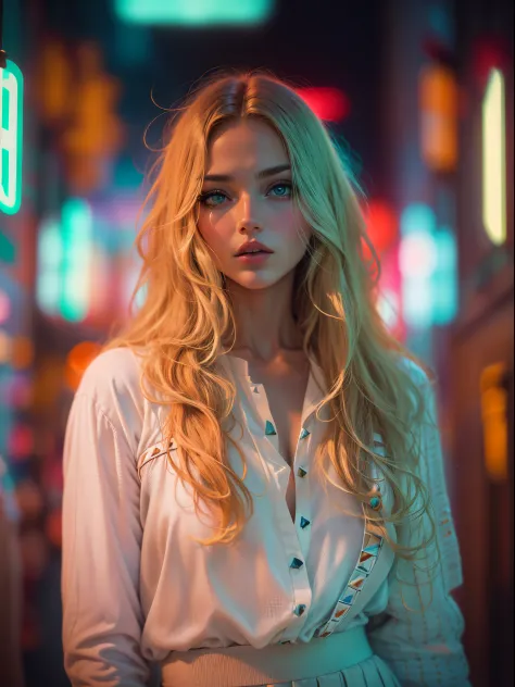 analogue fashion photo shot of young blonde woman with long hair, (((big boobs))) in a pixelated world, ((neon lights red and bl...