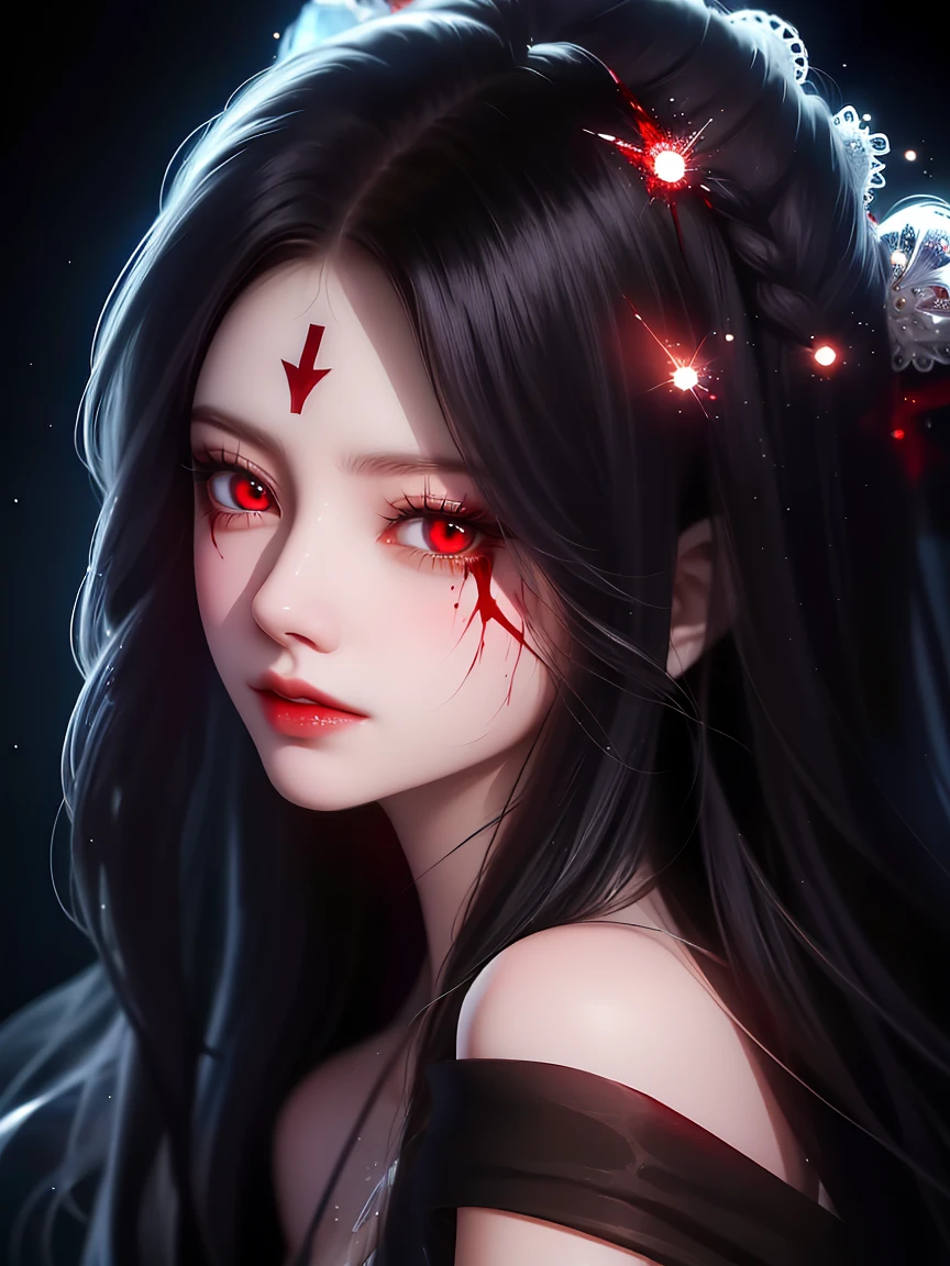 ((masterpiece,best quality)),beautiful detailed eyes, detailed face, 1girl,white long hair, red eyes, small sized breasts,looks at the viewer, blood on the face, (black background:1.2), bloody particles, full body,