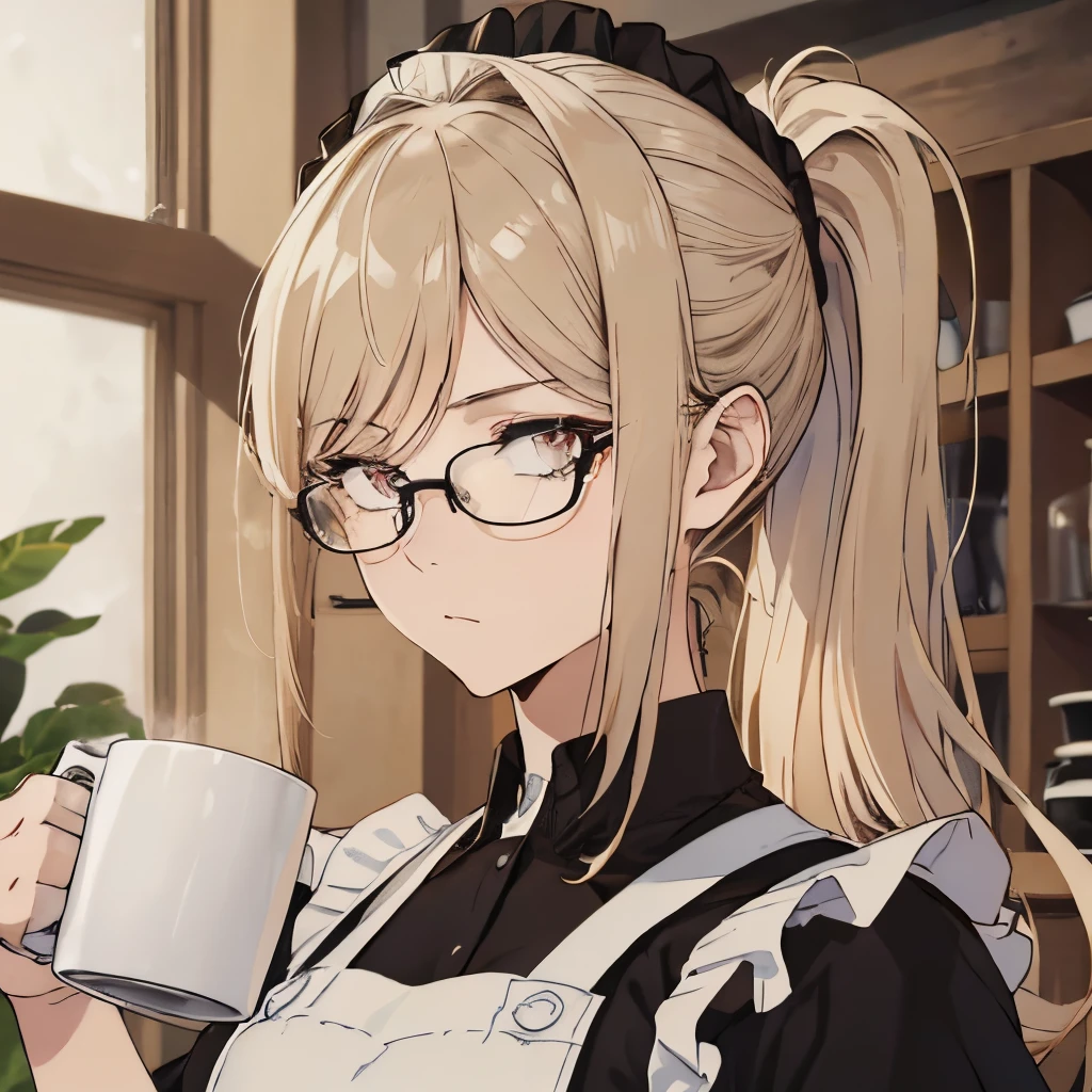 ⓪Action： drinking coffee, (coffee mug:1.4) ①Quality：(ultra-detailed:1.3), masterpiece, 8k, extremely detailed CG, (1 girl), Perfect hands:1.2), (Perfect Anatomy:1.2), (beautiful face: 1.1), Intricate Iris Details, Captivating Eye Reflections, Sparkling Highlights in the Eyes, Depth and Dimension in the Pupils, Subtle Color Variations in the Iris, Meticulous Eyelash Details,　Depth and Dimension in the Pupils, ②Lighting：brightening light, moody lighting, nature lighting, Best Illumination, ③ part: (flat chest: 1.4),  floating hair, detailed face, detailed eyes,  shiny hair, ④Style: animation, illustration, ⑤Subject： (ponytail hair:1.3), (blonde hair, straight hair, long hair, black eyes, sanpaku eyes ), ⑥Environment： Cafe,kitchen,bar , ⑦Construction：Upper body, (extreme close-up view: 1.3), Looking at Viewer, very wide shot, from below, ⑧Costume : (T-shirt, apron: 1.3), (glasses:1.5), ⑨Others：(slender body、small head、Seven-headed body),