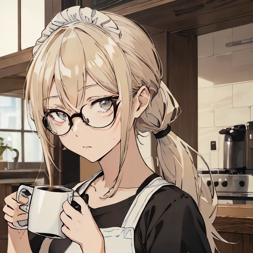 ⓪Action： drinking coffee, (coffee mug:1.4) ①Quality：(ultra-detailed:1.3), masterpiece, 8k, extremely detailed CG, (1 girl), Perfect hands:1.2), (Perfect Anatomy:1.2), (beautiful face: 1.1), Intricate Iris Details, Captivating Eye Reflections, Sparkling Highlights in the Eyes, Depth and Dimension in the Pupils, Subtle Color Variations in the Iris, Meticulous Eyelash Details,　Depth and Dimension in the Pupils, ②Lighting：brightening light, moody lighting, nature lighting, Best Illumination, ③ part: (flat chest: 1.4),  floating hair, detailed face, detailed eyes,  shiny hair, ④Style: animation, illustration, ⑤Subject： (ponytail hair:1.3), (blonde hair, straight hair, long hair, black eyes, sanpaku eyes ), ⑥Environment： Cafe,kitchen,bar , ⑦Construction：Upper body, (extreme close-up view: 1.3), Looking at Viewer, very wide shot, from below, ⑧Costume : (T-shirt, apron: 1.3), (glasses:1.5), ⑨Others：(slender body、small head、Seven-headed body),