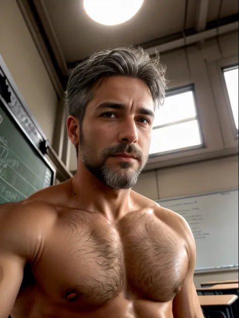 masterpiece, best quality, high resolution, closeup portrait, male focus, solo focus, A man, 45 years old, grey hair, in unbuttoned shirt, college professor, grey silver hair, messy hairstyle, cute and seductive face, bare chest, body hair, facial hair, pa...