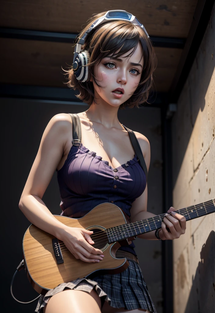 highres, shadows, absurdres, best_quality, ultra_detailed, 8k, extremely_clear, photograph, beautiful, sharp focus, hdr,
A cute pop singer with short hair and symmetrical teary eyes holds a guitar and sings into headphones, wearing a pleated skirt, with a dynamic angle, captured in a high-detailed cowboy shot, exuding a melancholy emotion, featuring soothing tones and a contrasting mix of light and shadow, all while emphasizing the subject's hair, eyes, mouth, and action in a composition that is both pleasing to the eye and thought-provoking.