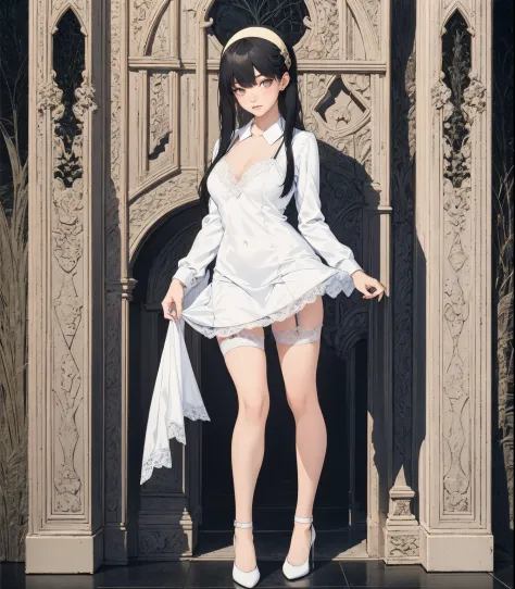 masterpiece, best quality, best illustration, HDR, beautiful details, intricate details, detailed scenery, dramatic light, best shadow, (full body), Yor_Briar, 1girl, twintails, sidelocks, black hair, white hairband, thighs, black high heels, ((intricate w...