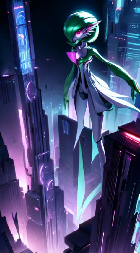 A Futuristic Gardevoir standing on a ledge over looking a dystopian city at night