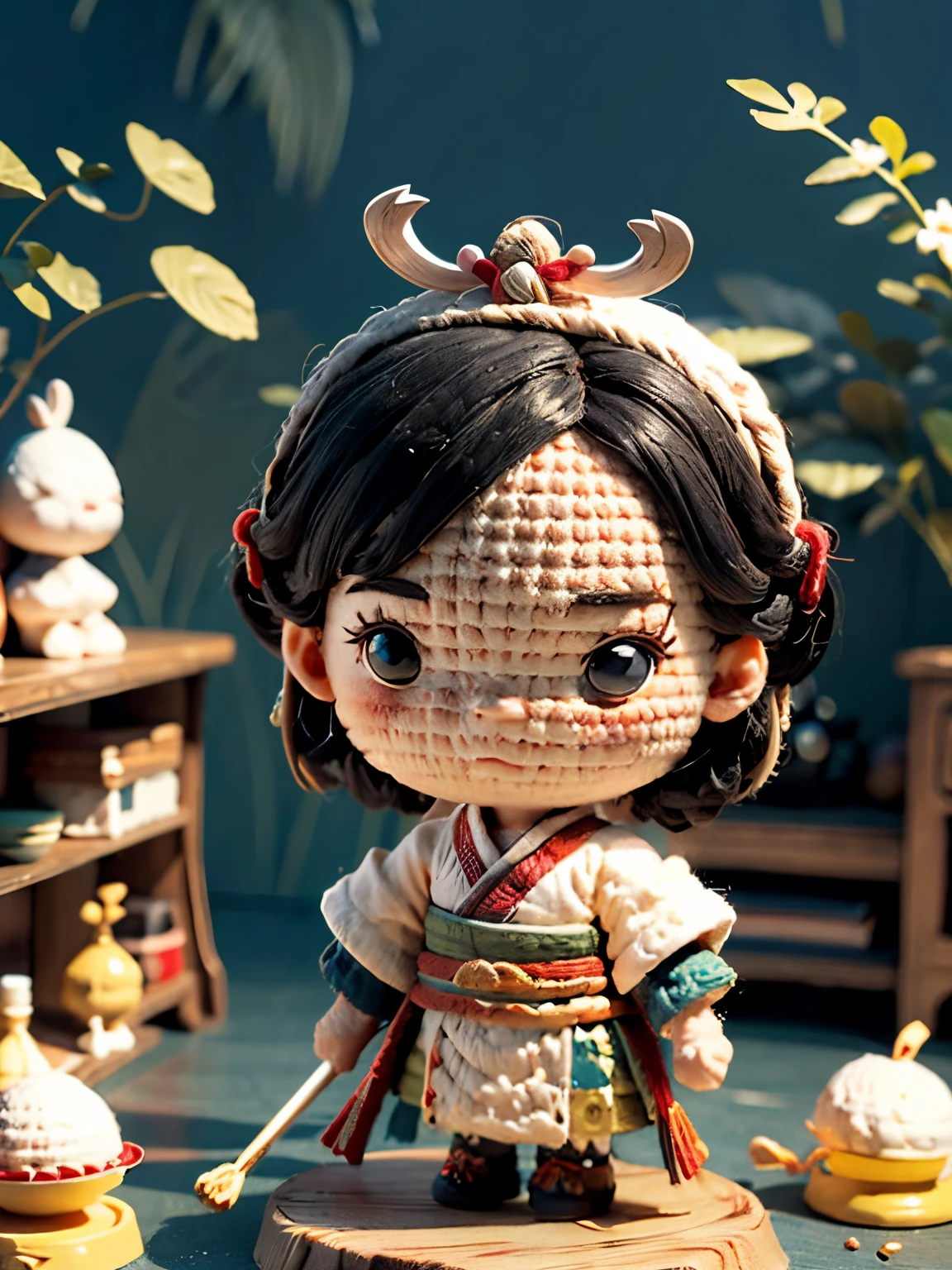 a cute white marshmallow head illustration, Mulan warrior, black hair, medieval style, 3d animation, a dark and enormous kitchen for background, Blurry background, lord of the rings ambience