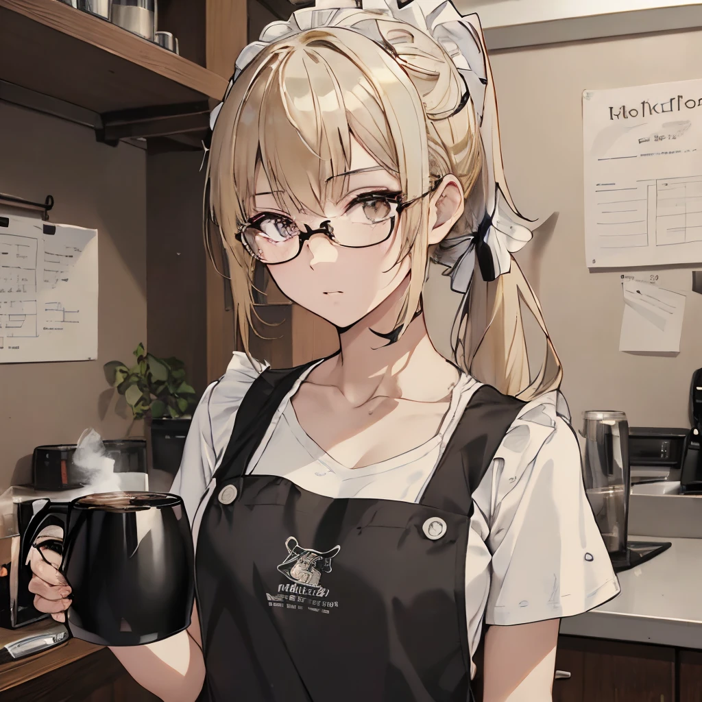 ⓪Action： drinking coffee, (coffee mug:1.4) ①Quality：(ultra-detailed:1.3), masterpiece, 8k, extremely detailed CG, (1 girl), Perfect hands:1.2), (Perfect Anatomy:1.2), (beautiful face: 1.1), Intricate Iris Details, Captivating Eye Reflections, Sparkling Highlights in the Eyes, Depth and Dimension in the Pupils, Subtle Color Variations in the Iris, Meticulous Eyelash Details,　Depth and Dimension in the Pupils, ②Lighting：brightening light, moody lighting, nature lighting, Best Illumination, ③ part: (flat chest: 1.4),  floating hair, detailed face, detailed eyes,  shiny hair, ④Style: animation, illustration, ⑤Subject： (ponytail hair:1.3), (blonde hair, straight hair, long hair, black eyes, sanpaku eyes ), ⑥Environment： Cafe,kitchen,bar , ⑦Construction：Upper body, (close-up view: 1.3), Looking at Viewer, very wide shot, from below, ⑧Costume : (T-shirt, apron: 1.3), (glasses:1.5), ⑨Others：(slender body、small head、Seven-headed body), wear an apron over a t-shirt,