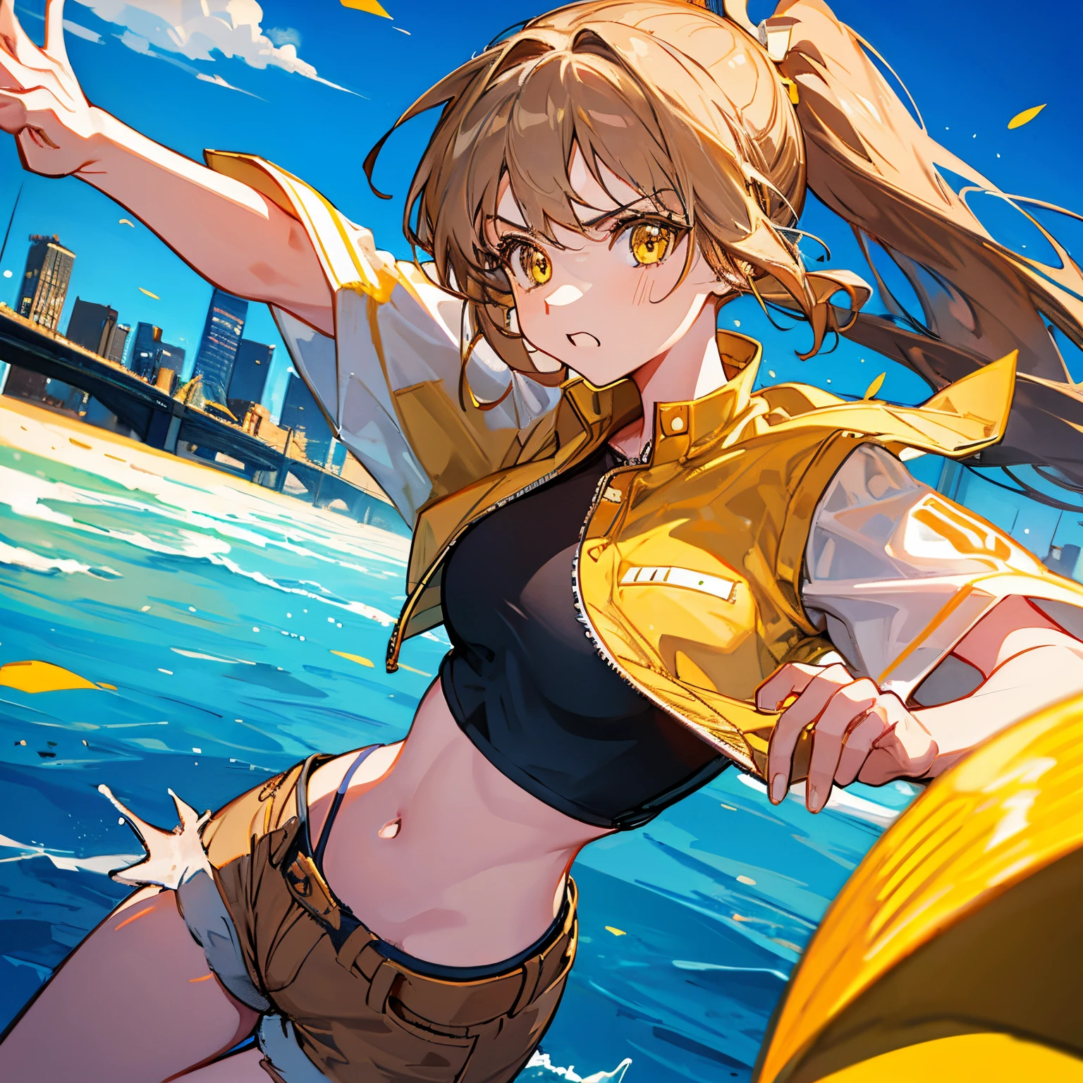 1girl,  ponytail hairstyle, light brown hairs, yellow eyes, wearing schools girl inform, denim shorts, city, absurdres, high res, ultrasharp, 8K, masterpiece, looking at viewer, angry face,