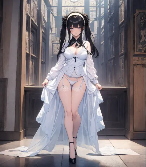 masterpiece, best quality, best illustration, HDR, beautiful details, intricate details, detailed scenery, dramatic light, best shadow, (full body), Yor_Briar, 1girl, twintails, sidelocks, black hair, white hairband, thighs, black high heels, ((intricate w...