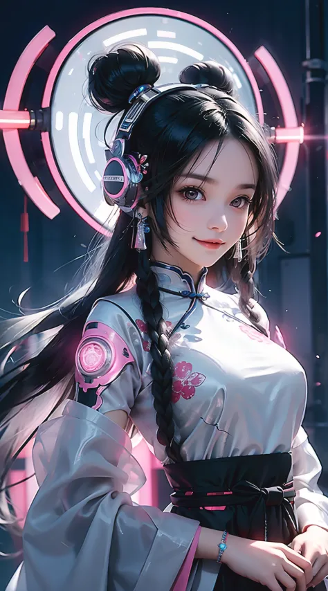 1 girl, Chinese_clothes, liquid silver and pink, cyberhanfu, cheongsam, cyberpunk city, dynamic pose, glowing headphones, glowin...
