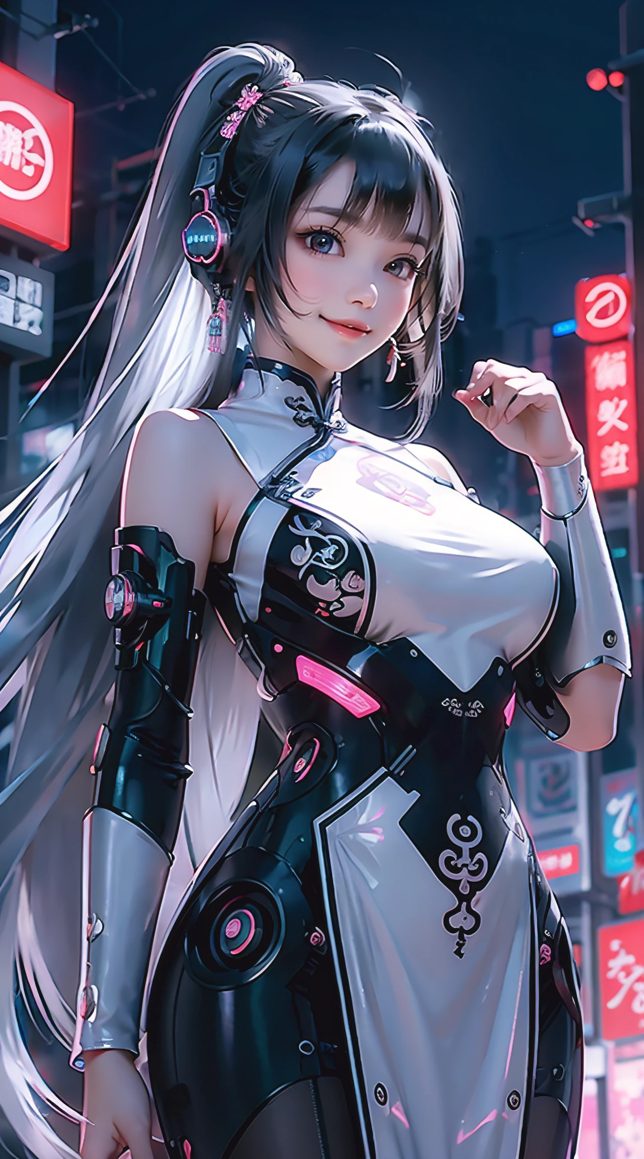 1 Mädchen, Chinesisch_Kleidung, liquid silver and Rosa, cyberhanfu, Cheongsam, cyberpunk city, dynamische pose, Leuchtende Kopfhörer, leuchtende Haar-Accessoires, lange Haare, leuchtende Ohrringe, leuchtende Halskette, cyberpunk, Hightech-Stadt, full of mechanical and futuristisch elements, futuristisch, Technologie, leuchtendes Neon, Rosa, Rosa light, transparenter Tüll, transparente Luftschlangen, laser, digitaler hintergrund urban himmel, großer Mond, mit Fahrzeugen, beste Qualität, Meisterwerk, 8K, Zeichenrandlicht, sehr hohe Detailgenauigkeit, gute Qualität, die schönste Frau unter den Menschen, leicht lächelnd, Gesicht nach vorne gerichtet und links und rechts Symmetrie, Ohrschmuck, schöne Pupillenlichteffekte, visuelle Daten, silberweißes Haar, Haare sind nicht chaotisch, lange Haare over the waist, leuchtende elektronische Uhr, tiefe Augen, Glücklich, Englisches Gekritzel