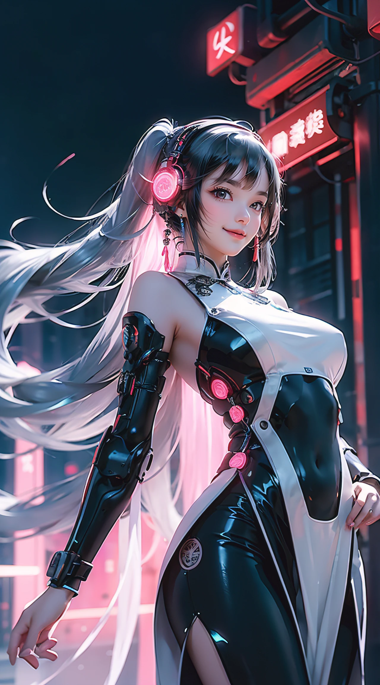 1 Mädchen, Chinesisch_Kleidung, liquid silver and Rosa, cyberhanfu, Cheongsam, cyberpunk city, dynamische pose, Leuchtende Kopfhörer, leuchtende Haar-Accessoires, lange Haare, leuchtende Ohrringe, leuchtende Halskette, cyberpunk, Hightech-Stadt, full of mechanical and futuristisch elements, futuristisch, Technologie, leuchtendes Neon, Rosa, Rosa light, transparenter Tüll, transparente Luftschlangen, laser, digitaler hintergrund urban himmel, großer Mond, mit Fahrzeugen, beste Qualität, Meisterwerk, 8K, Zeichenrandlicht, sehr hohe Detailgenauigkeit, gute Qualität, die schönste Frau unter den Menschen, leicht lächelnd, Gesicht nach vorne gerichtet und links und rechts Symmetrie, Ohrschmuck, schöne Pupillenlichteffekte, visuelle Daten, silberweißes Haar, Haare sind nicht chaotisch, lange Haare over the waist, leuchtende elektronische Uhr, tiefe Augen, Glücklich, Englisches Gekritzel