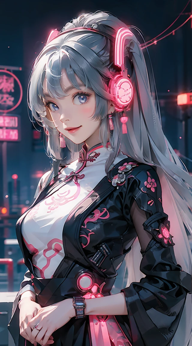 1 girl, Chinese_clothes, liquid silver and pink, cyberhanfu, cheongsam, cyberpunk city, dynamic pose, glowing headphones, glowing hair accessories, long hair, glowing earrings, glowing necklace, cyberpunk, high-tech city, full of mechanical and futuristic elements, futuristic, technology, glowing neon, pink, pink light, transparent tulle, transparent streamers, laser, digital background urban sky, big moon, with vehicles, best quality, masterpiece, 8K, character edge light, Super high detail, high quality, the most beautiful woman in human beings, smiling slightly, face facing front and left and right symmetry, ear decoration, beautiful pupil light effects, visual data, silver-white hair, hair is not messy, long hair over the waist, luminous electronic watch, deep eyes, happy, English doodling