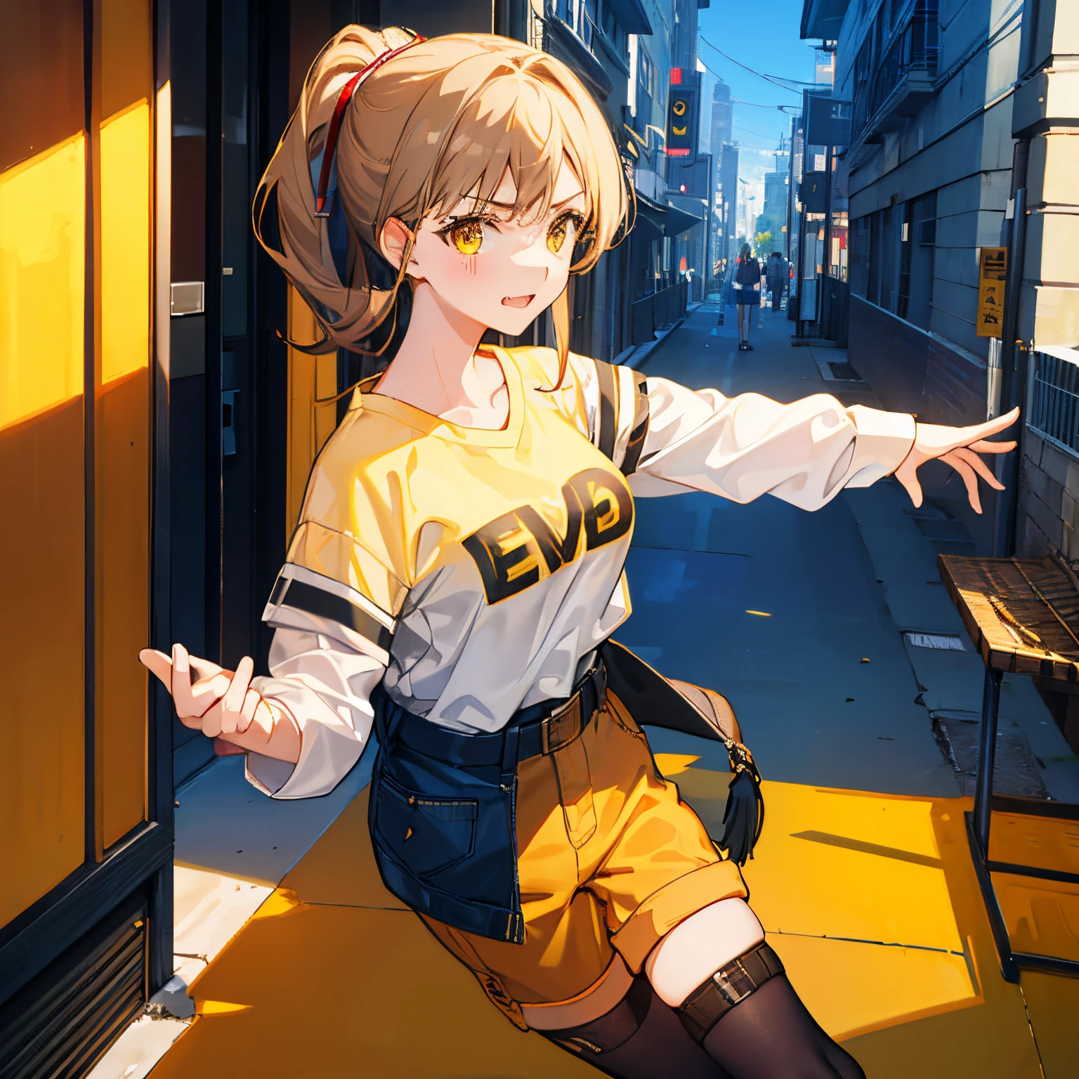 1girl,  ponytail hairstyle, light brown hairs, yellow eyes, wearing schools girl inform, denim shorts, city, absurdres, high res, ultrasharp, 8K, masterpiece, looking at viewer, angry face, beautiful eyes,