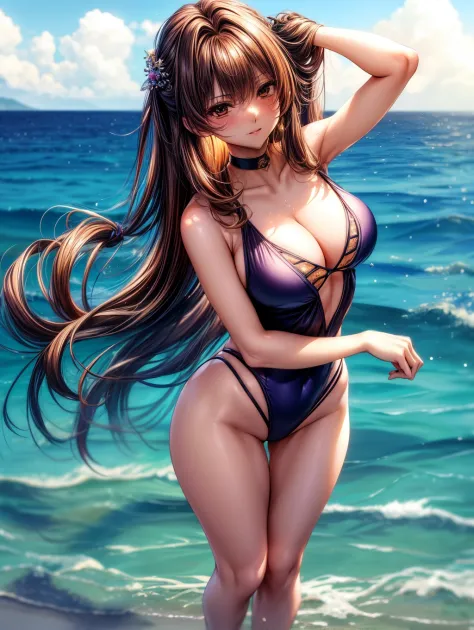 kurohime yuhi, (masterpiece:1.2), (Best quality at best:1.2), perfect  eyes, s the perfect face, 1 Girl, Alone, Straight breasts，full body view, hi-res, 8K, Best Quality, large breast，beautiful girl，Beautiful face、dark brown haired、small brown eyes、Long Ha...