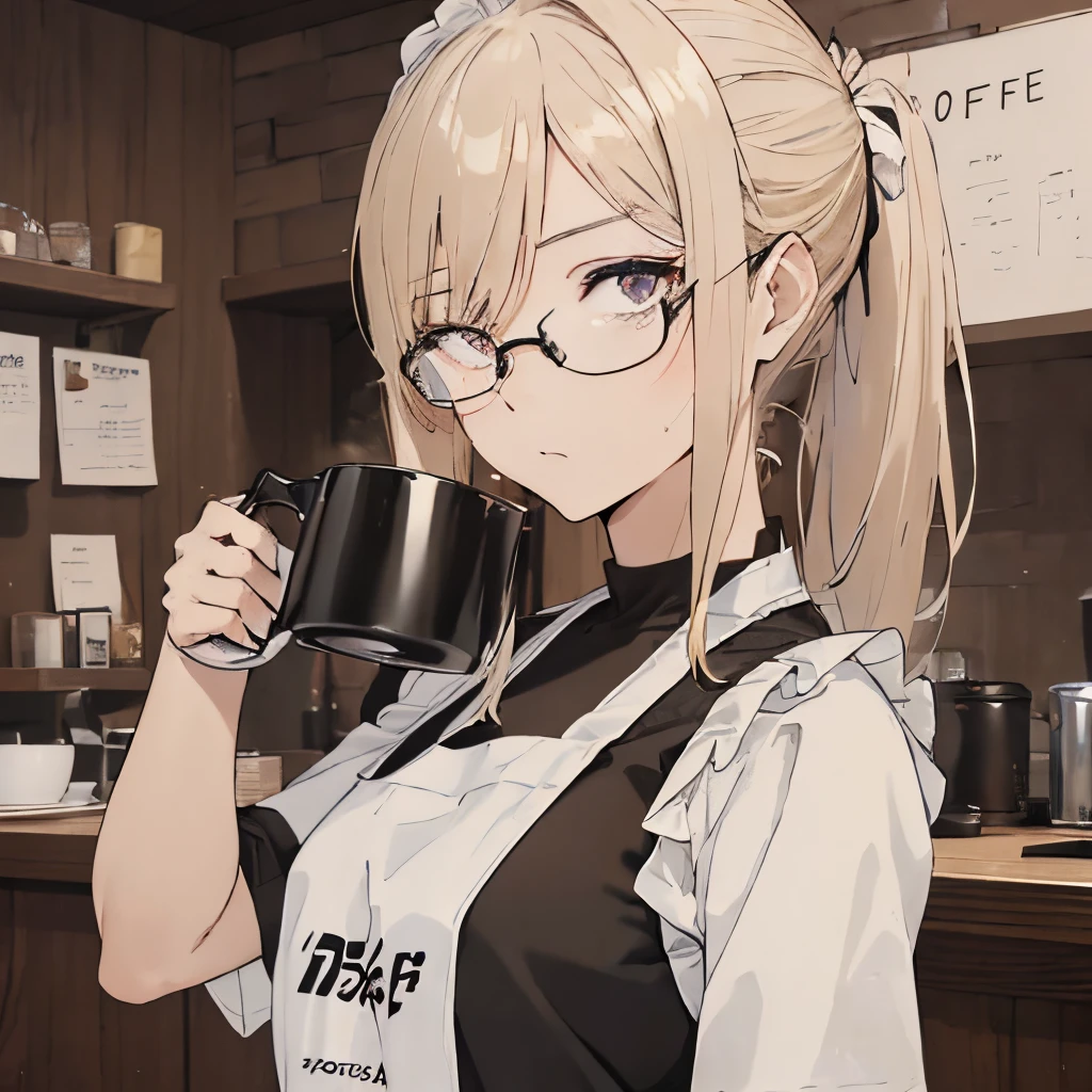 ⓪Action： Drinking coffee, (coffee mug:1.4) ①Quality：(Ultra-detailed:1.3), masutepiece, 8K, extremely details CG, (1 girl), Perfect hands:1.2), (Perfect Anatomy:1.2), (Beautiful face: 1.1), The specifics of the complex iris, fascinating eye reflection, Glowing highlights of the eyes, Depth and three-dimensionality of pupils, Subtle color changes in the iris, Particular eyelash details,　Depth and three-dimensionality of pupils, ②Lighting：Brightening light, Moody lighting, Nature lighting, Best Illumination, ③ part: (flat chest: 1.4),  Floating hair, Detailed face, Detailed eyes,  Shiny hair, ④Style: Animation, Illustration, ⑤Subject： (Ponytail hair:1.3), (Blonde hair, Straight hair, Long hair, Black eyes, Sanpaku eyes ), ⑥Environment： cafes,kitchin,a bar counter , ⑦Construction：Upper body, (extreme closeup view: 1.3), Looking at Viewer, Very Wide Shot, From below, ⑧Costume : (T-shirt, Apron: 1.3), (Glasses:1.5), ⑨Others：(Slender body、small head、Seven-headed body),