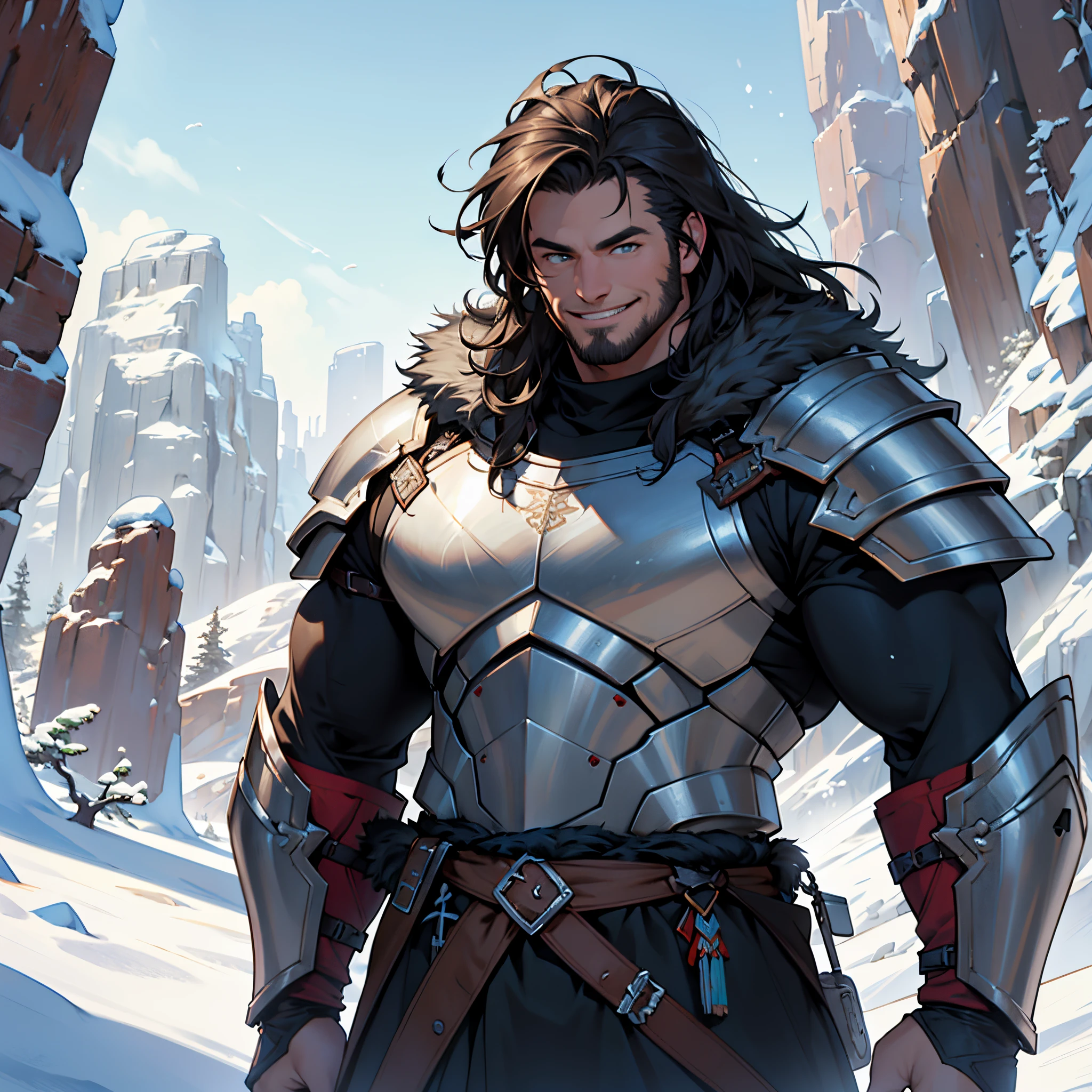 ​masterpiece, Best Quality, detailed, person upper body, Cinematics, 4k, Background with:field under snow canyon, Extra large giant warrior wearing steel armor and fur., (Hayark Hair Man, very ugly, smiling evilly)
