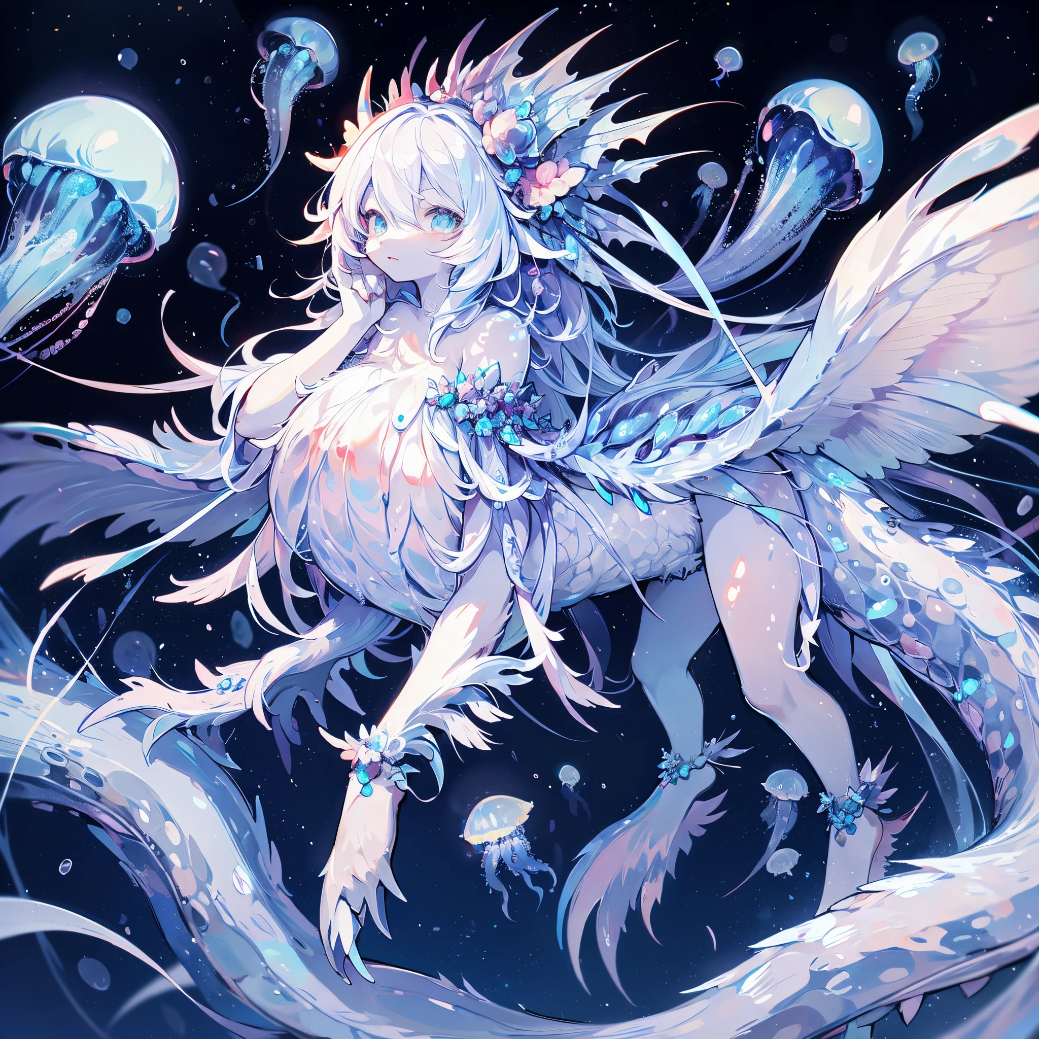 charybdis. Female Dragon. jellyfish and deep sea fish element. furryfemale. luminescent organ. anime style.